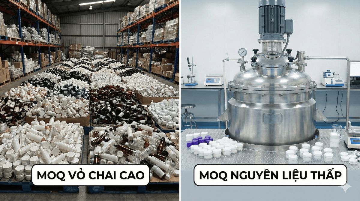 So sánh MOQ vỏ chai lọ và MOQ nguyên liệu trong gia công mỹ phẩm.